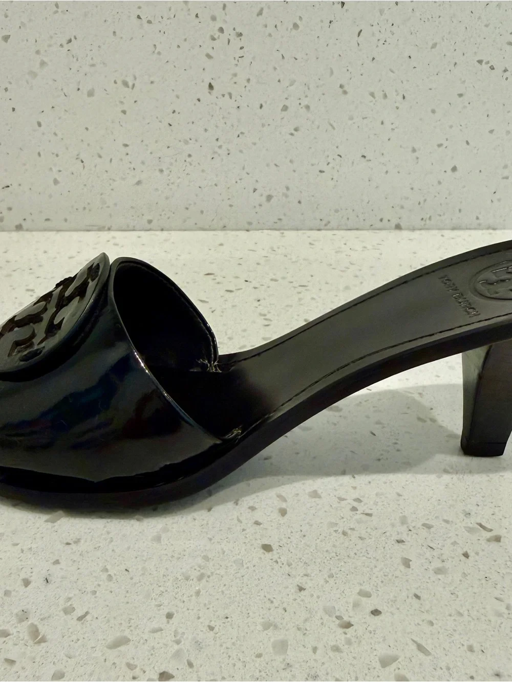 Tory Burch Black Patent Logo Slide Sandals